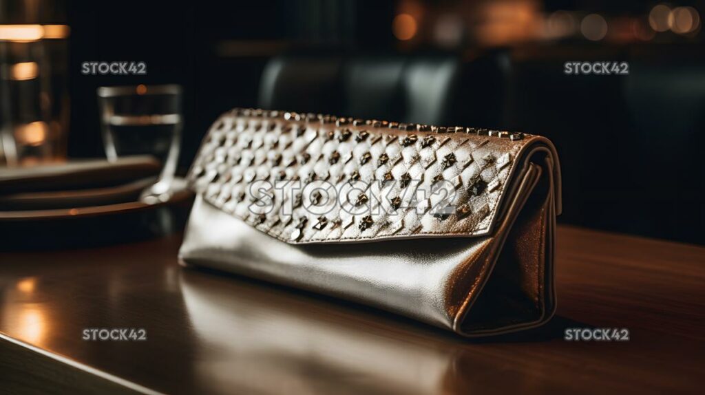 close-up of a womans stylish clutch purse on a restaurant