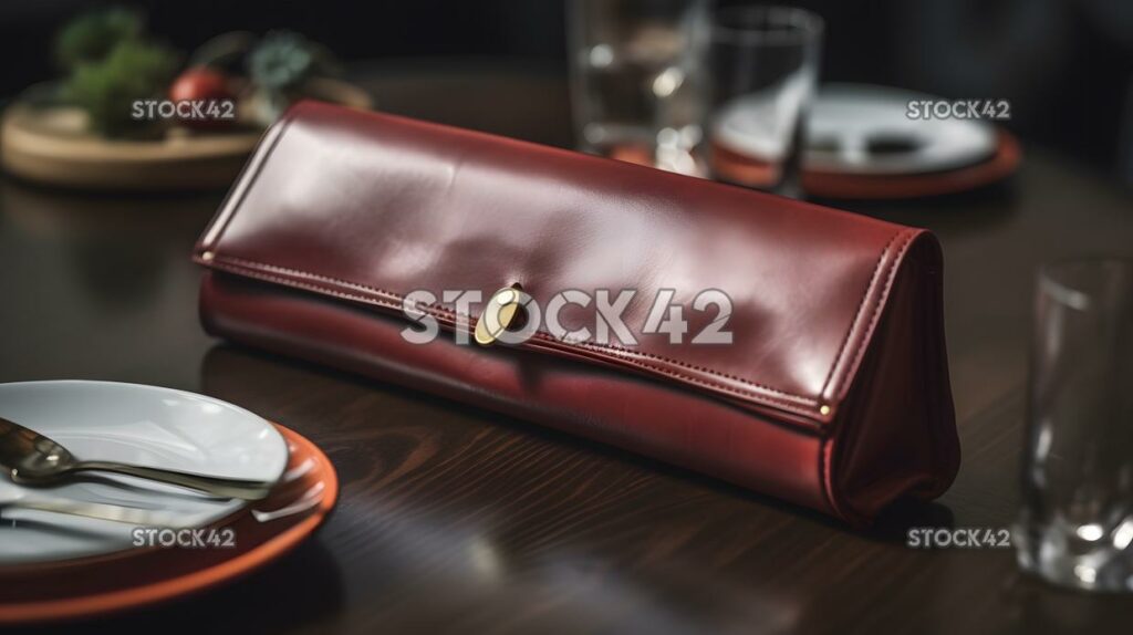 close-up of a womans stylish clutch purse on a restaurant one