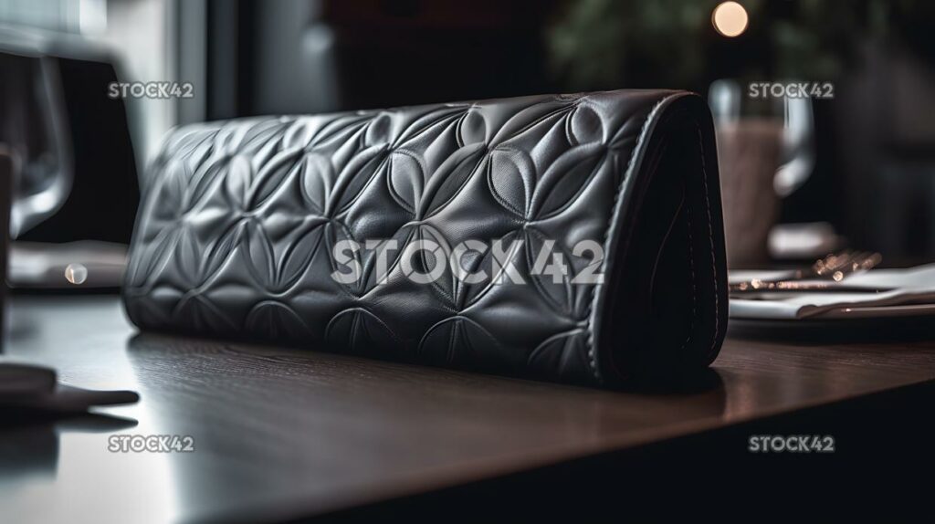 close-up of a womans stylish clutch purse on a restaurant three