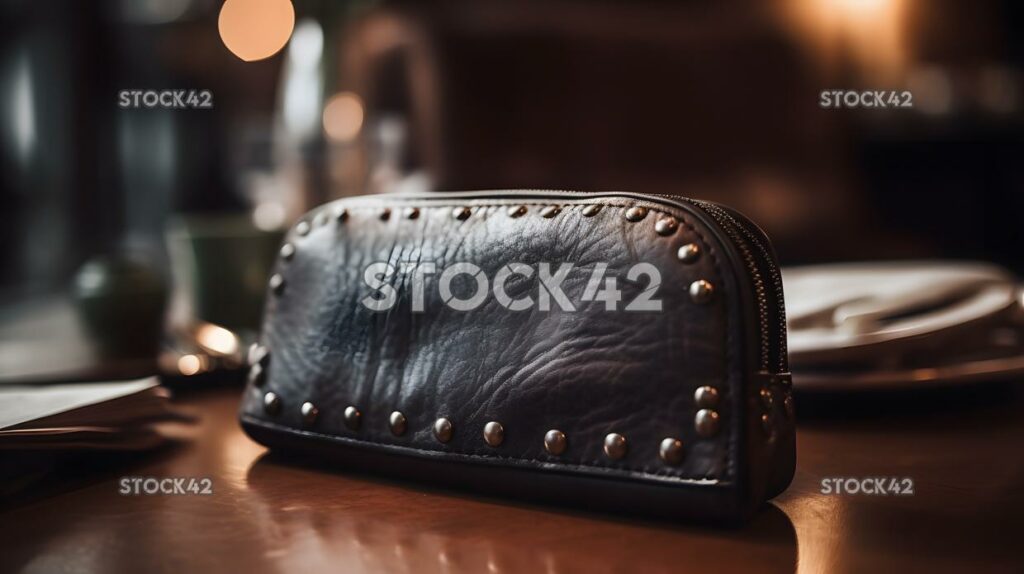 close-up of a womans stylish clutch purse on a restaurant two