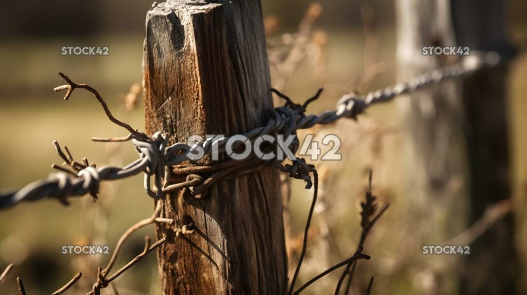 close-up of a wooden fence post and barbed wire