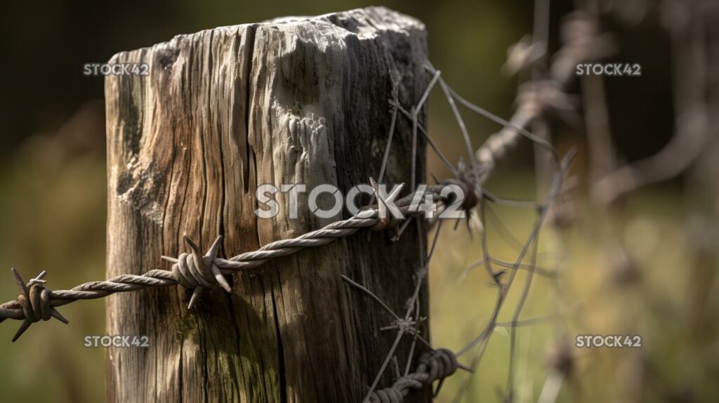 close-up of a wooden fence post and barbed wire one