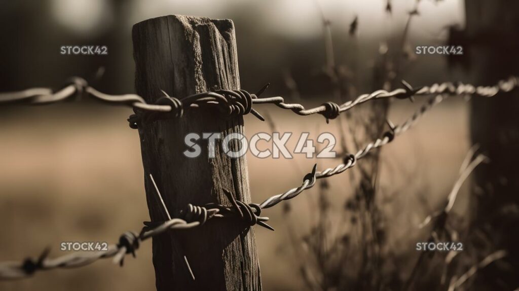 close-up of a wooden fence post and barbed wire three