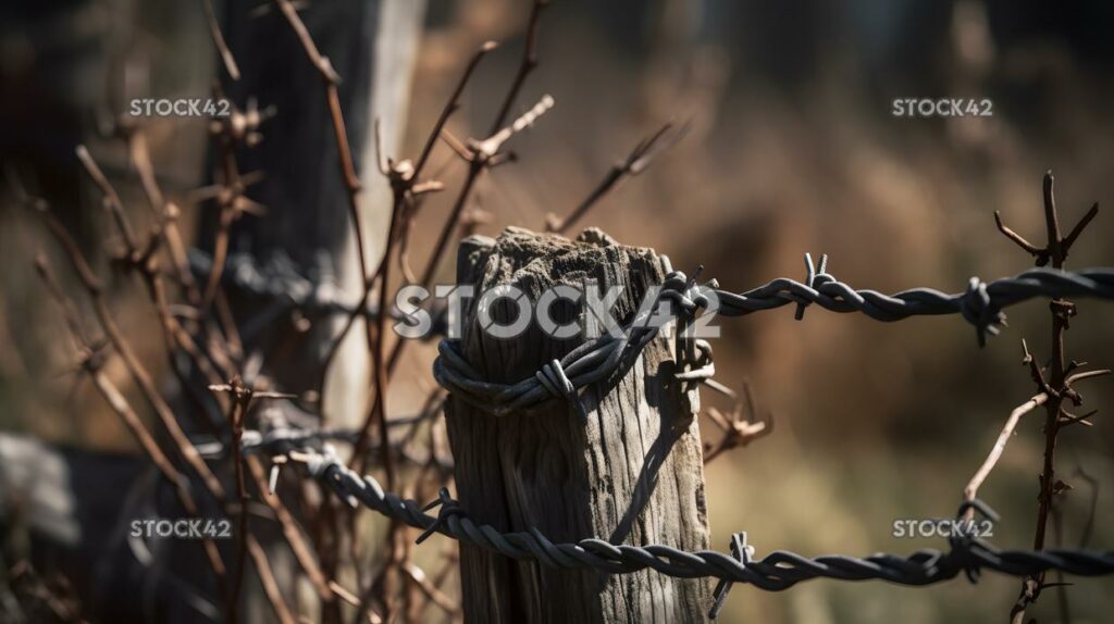 close-up of a wooden fence post and barbed wire two