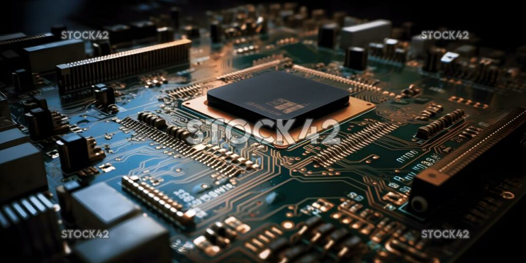 Primer plano de un chip avanzado con circuitos intrincados