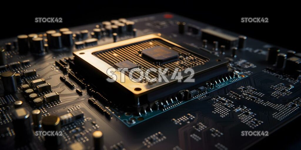 Primer plano de un chip avanzado con circuitos intrincados