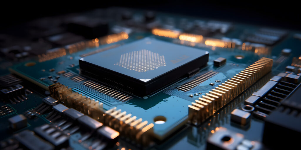 Primer plano de un chip avanzado con circuitos intrincados dos