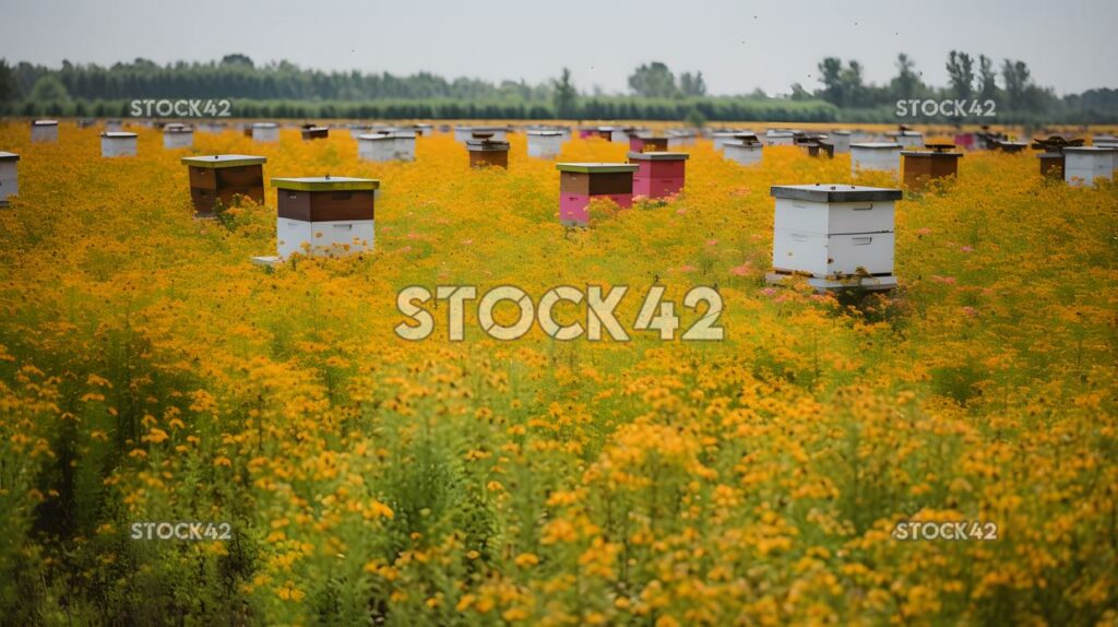 cluster of beehives in a blooming field of flowers