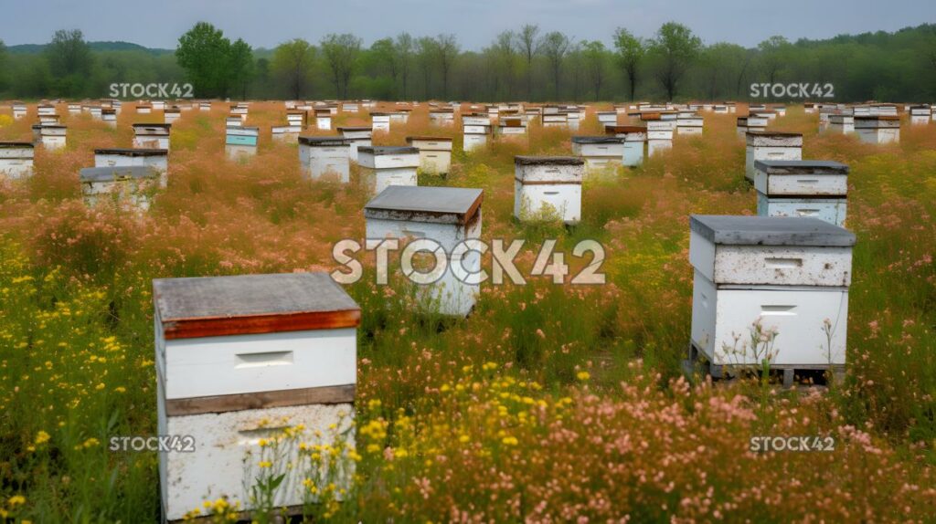 racimo de colmenas en un campo floreciente de flores uno