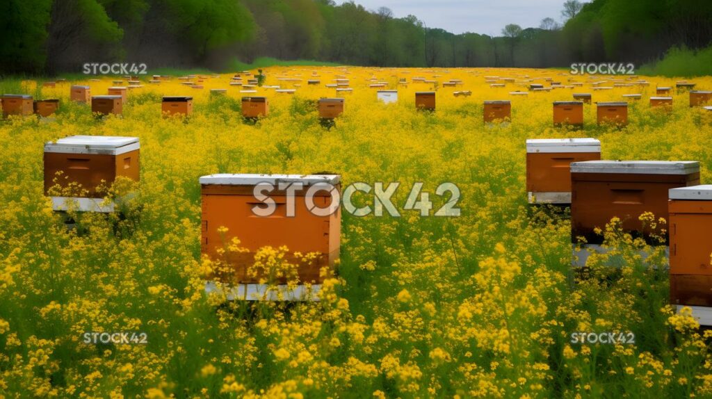 cluster of beehives in a blooming field of flowers three