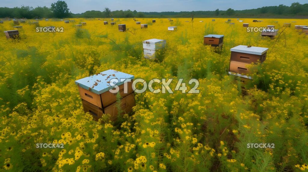 cluster of beehives in a blooming field of flowers two