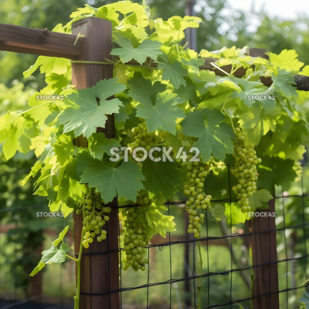 cluster of grapevines growing on a trellis three