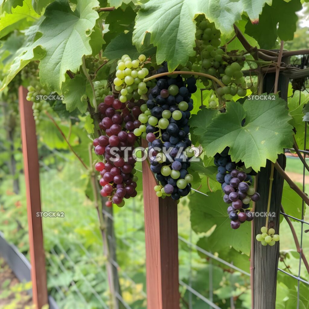 cluster of grapevines growing on a trellis two