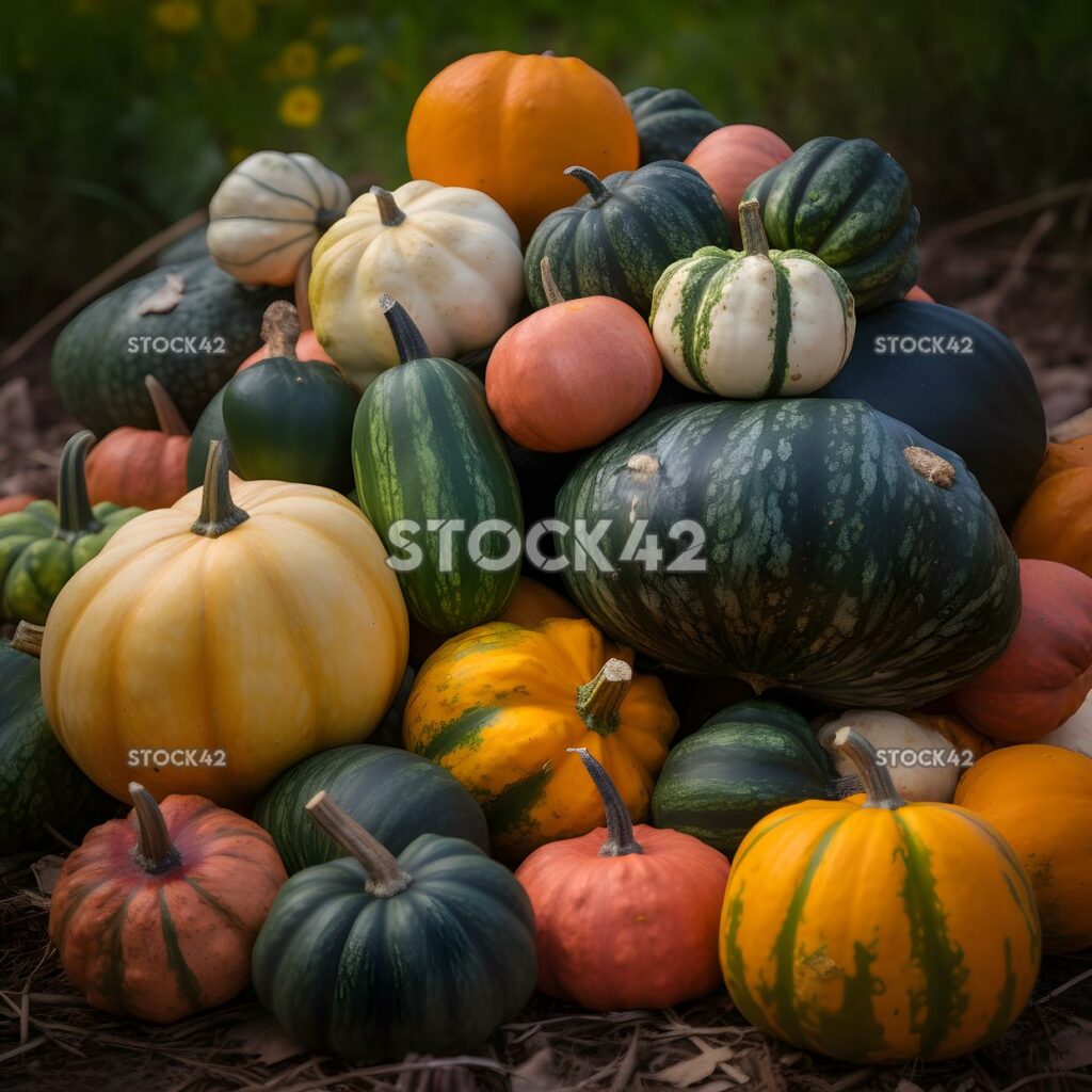 racimo de calabazas en varios tamaños y colores