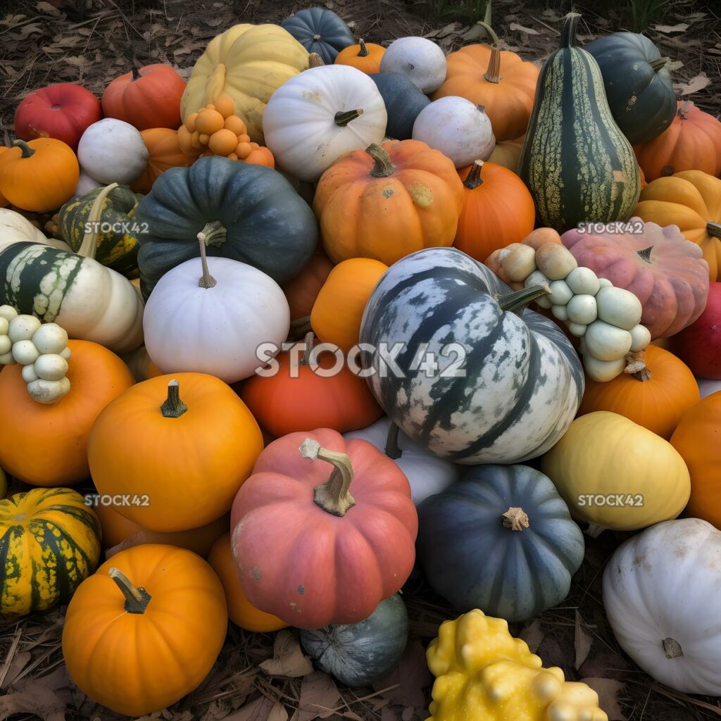 racimo de calabazas en varios tamaños y colores tres