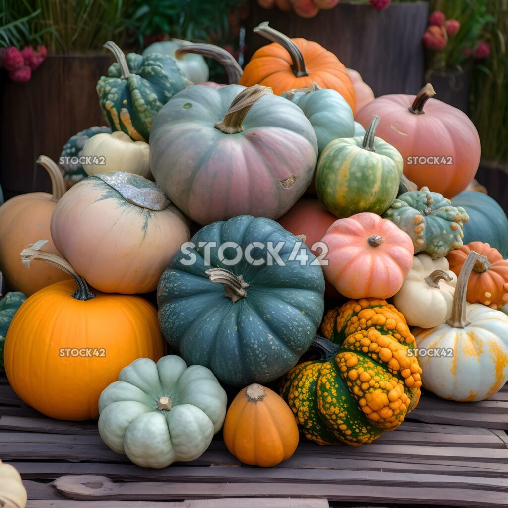 racimo de calabazas en varios tamaños y colores dos