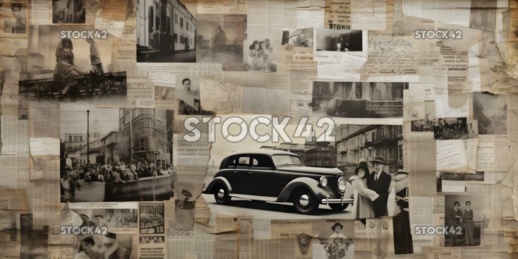 collage of newspaper clippings and images creates a vinta one