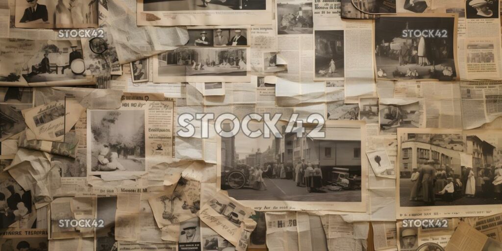 collage of newspaper clippings and images creates a vinta two