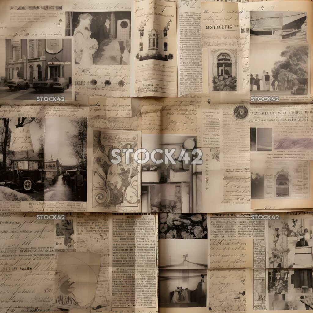 collage of old book pages creates a vintage and nostalgic