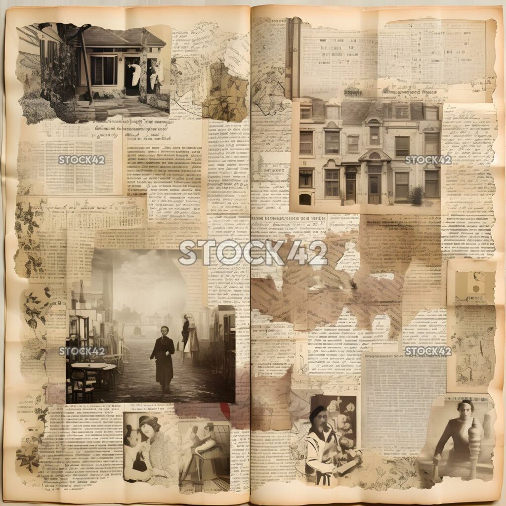 collage of old book pages creates a vintage and nostalgic two