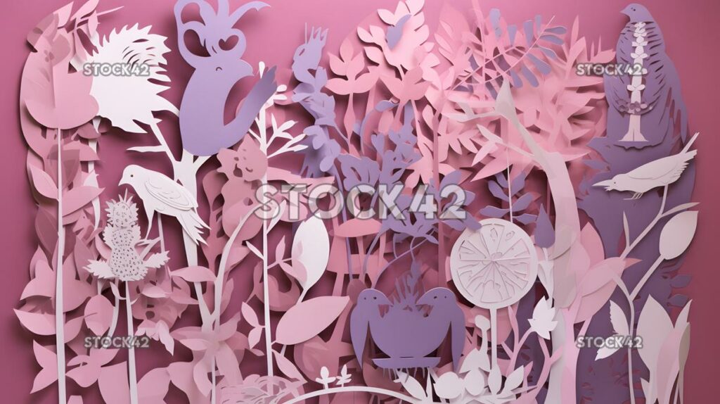 collage of paper cutouts in shades of pink and purple