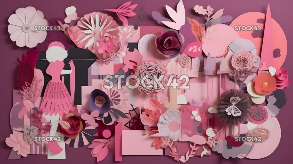 collage of paper cutouts in shades of pink and purple one