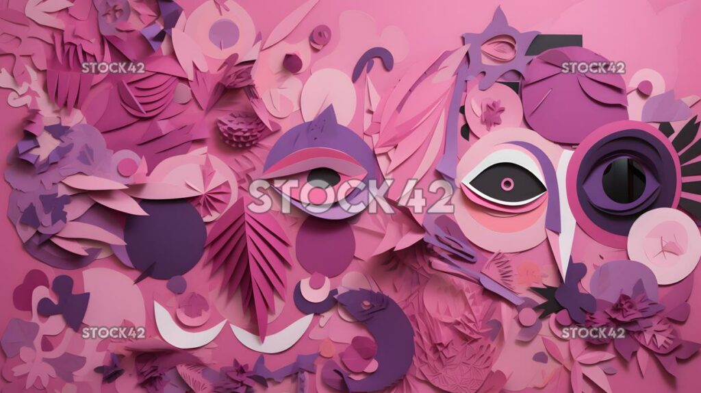 collage of paper cutouts in shades of pink and purple three