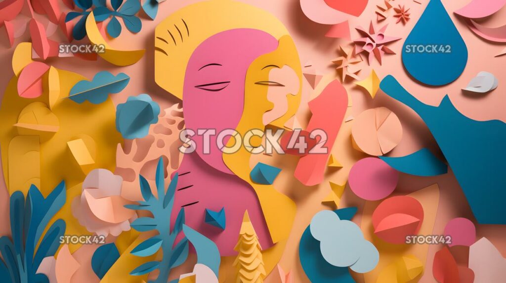 collage of paper cutouts in shades of pink blue and yello