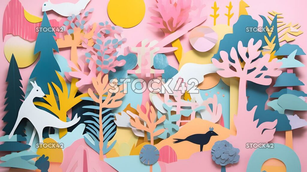 collage of paper cutouts in shades of pink blue and yello one