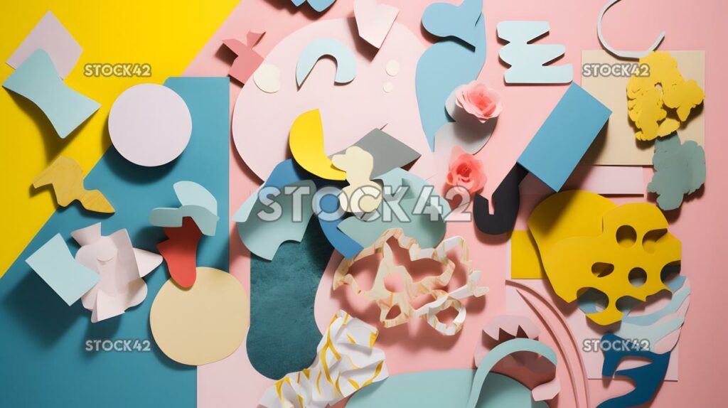 collage of paper cutouts in shades of pink blue and yello three