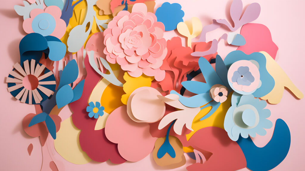 collage of paper cutouts in shades of pink blue and yello two