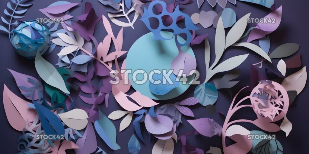 collage of paper cutouts in shades of purple and blue