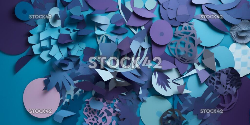 collage of paper cutouts in shades of purple and blue one