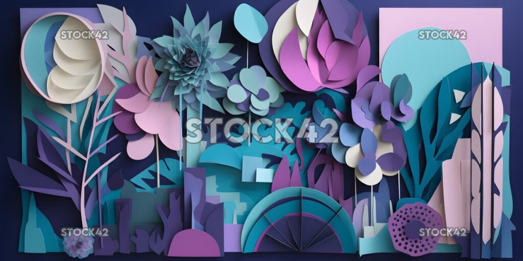 collage of paper cutouts in shades of purple and blue three