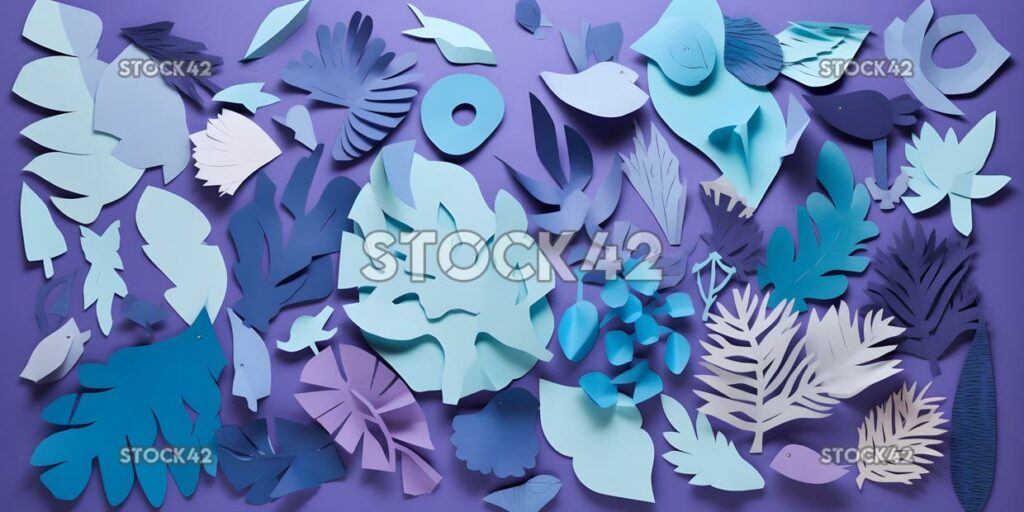 collage of paper cutouts in shades of purple and blue two