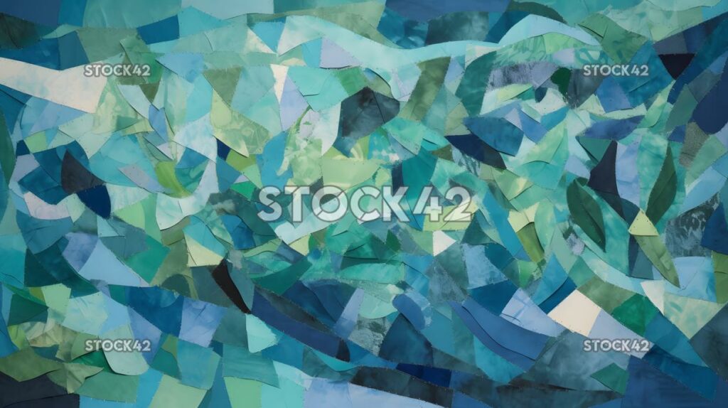 collage of torn paper in shades of blue and green five