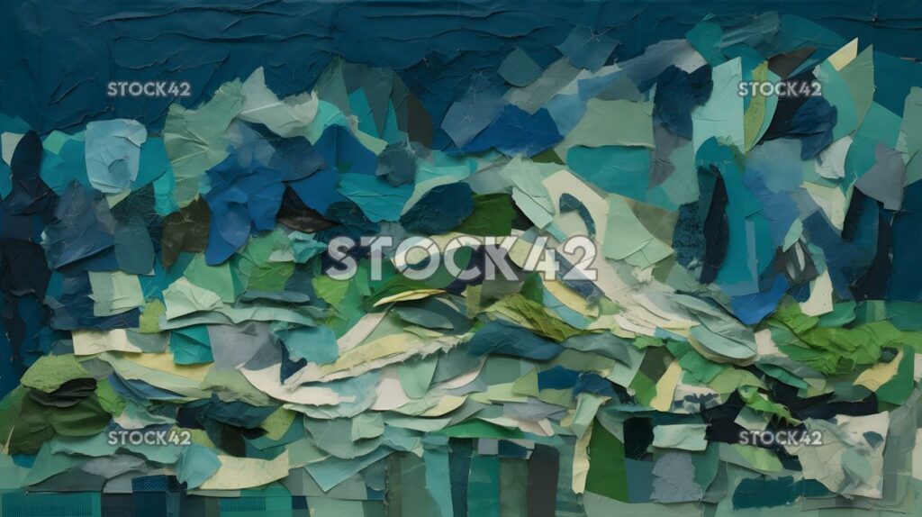 collage of torn paper in shades of blue and green four