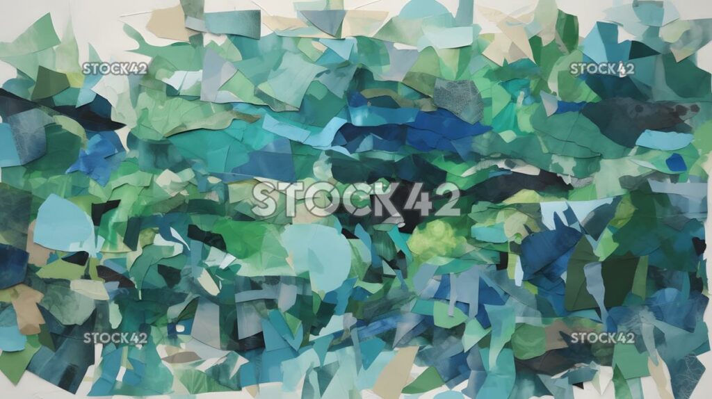 collage of torn paper in shades of blue and green seven