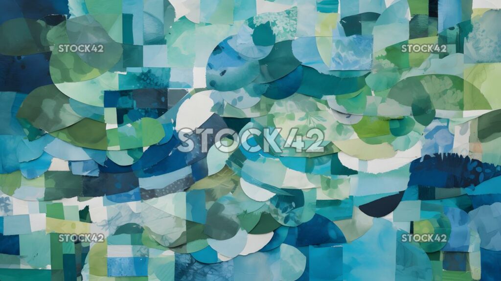 collage of torn paper in shades of blue and green six