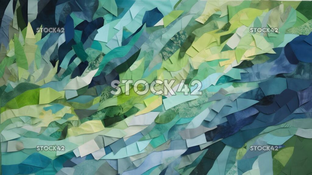 collage de papel rasgado en tonos de azul y verde tres