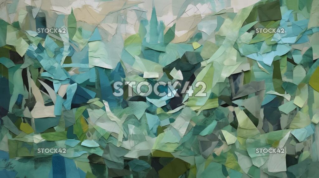 collage of torn paper in shades of blue and green two