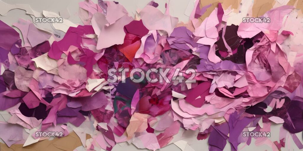 collage of torn paper in shades of purple and pink one