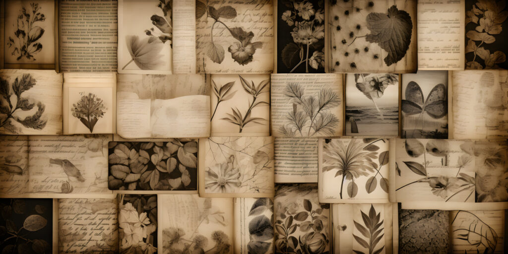 collage of vintage book pages layered to create a texture three