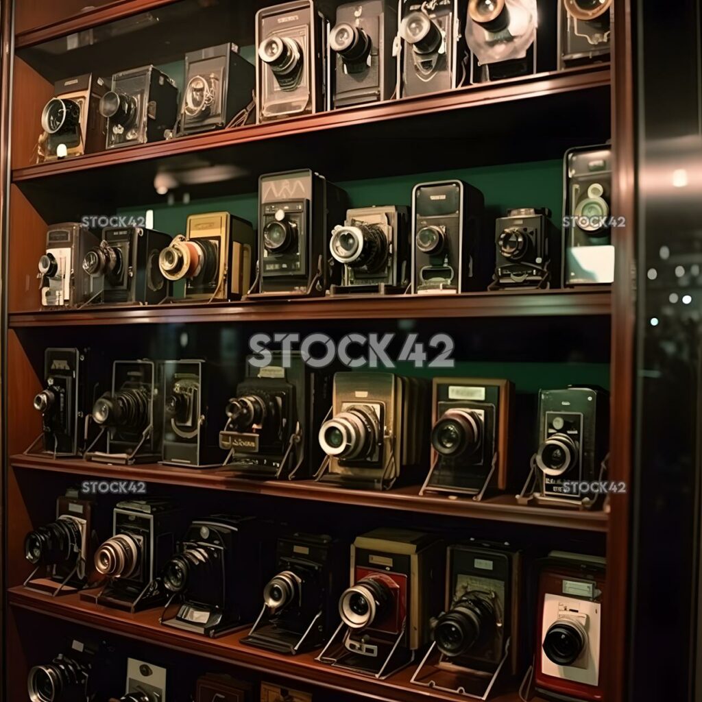 collection of antique cameras in a display case