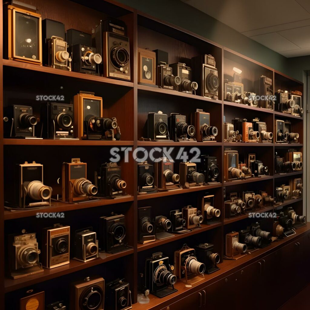 collection of antique cameras in a display case one