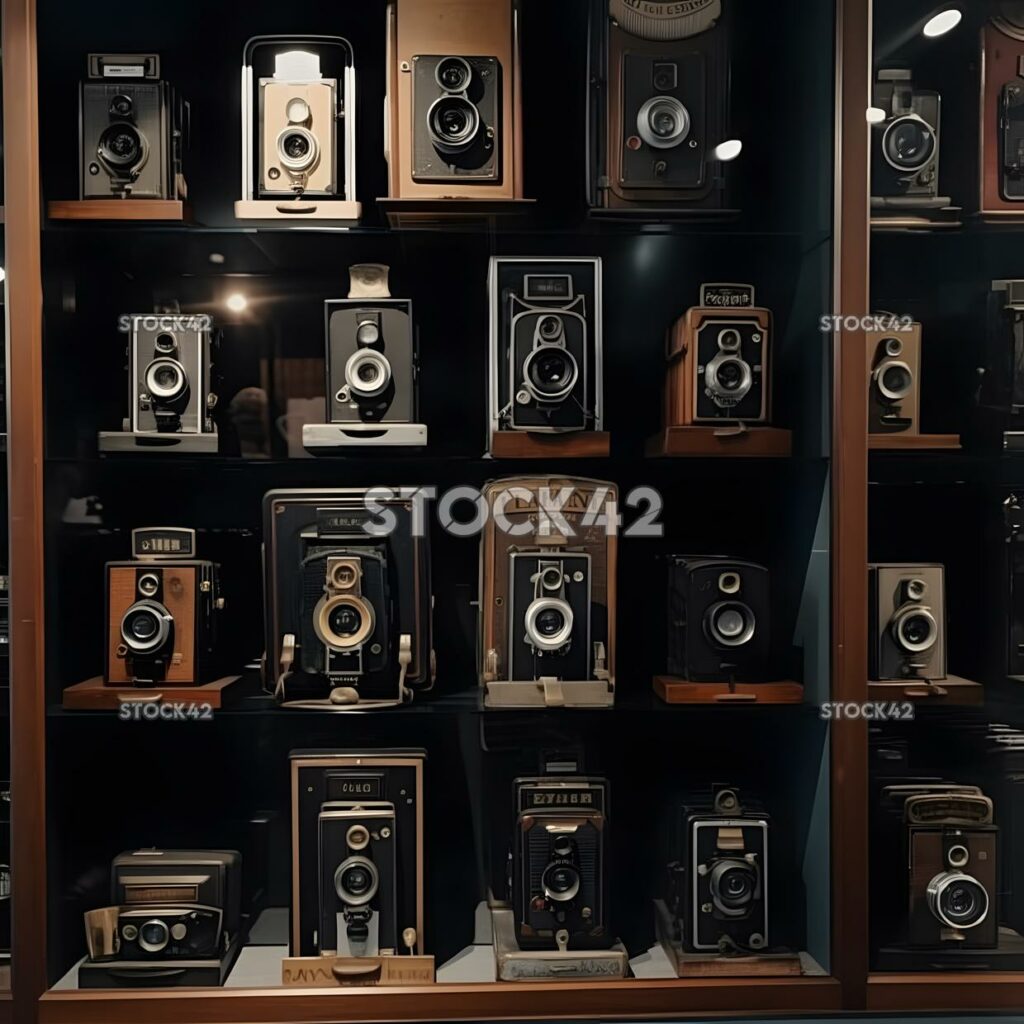 collection of antique cameras in a display case two