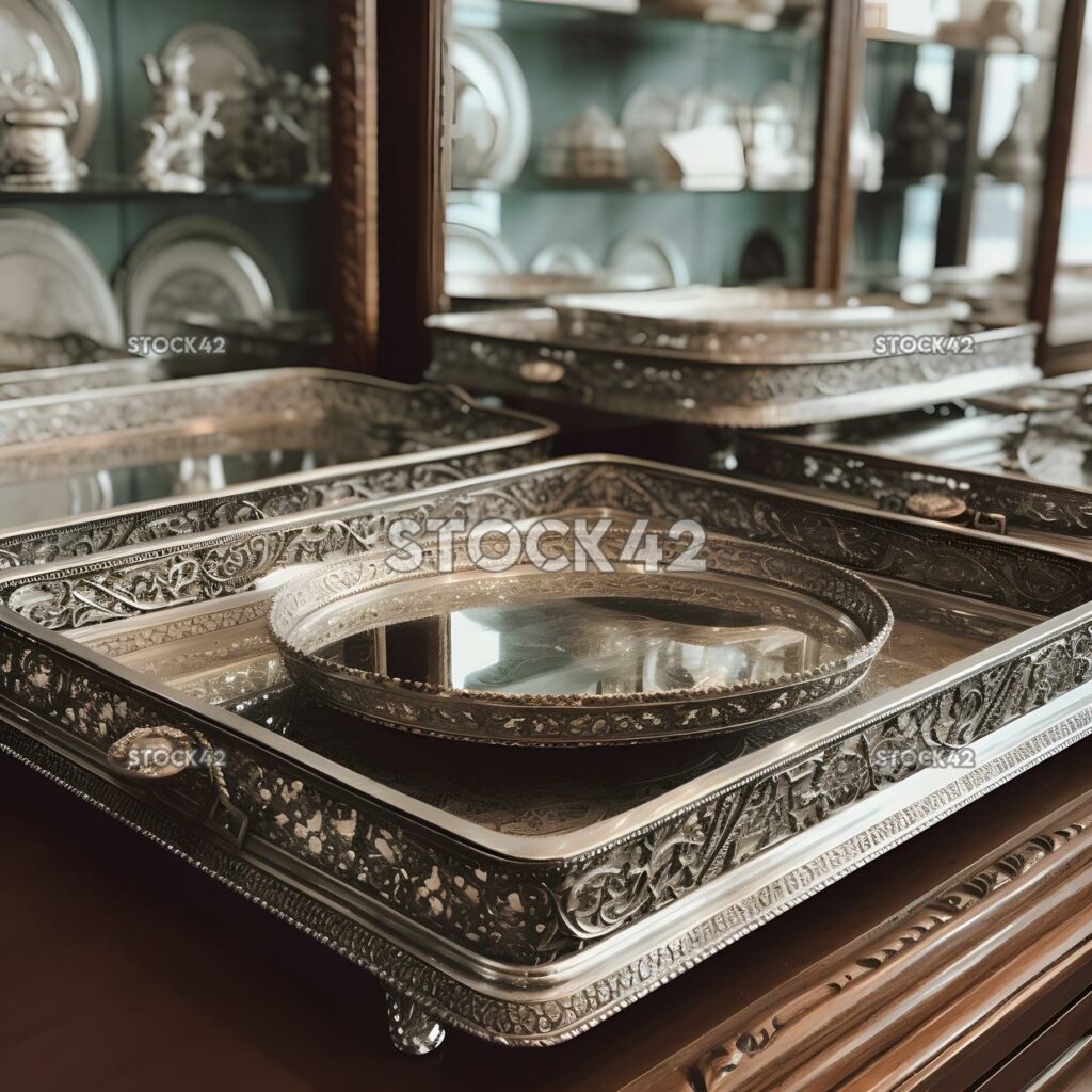 collection of antique silver serving trays in a glass dis