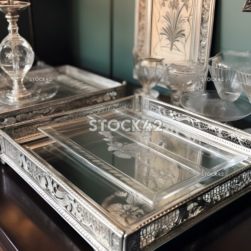 collection of antique silver serving trays in a glass dis one