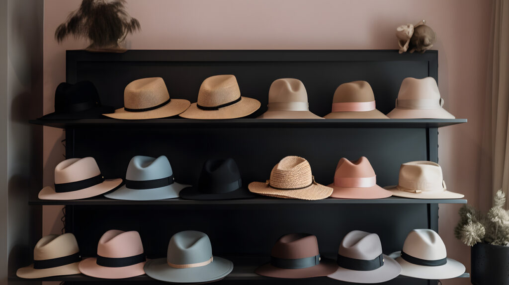 Colección de sombreros chic y trendy exhibidos en un estante