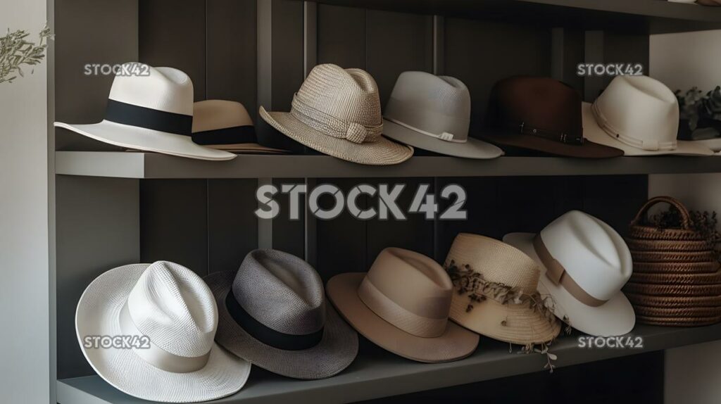 collection of chic and trendy hats displayed on a shelf one